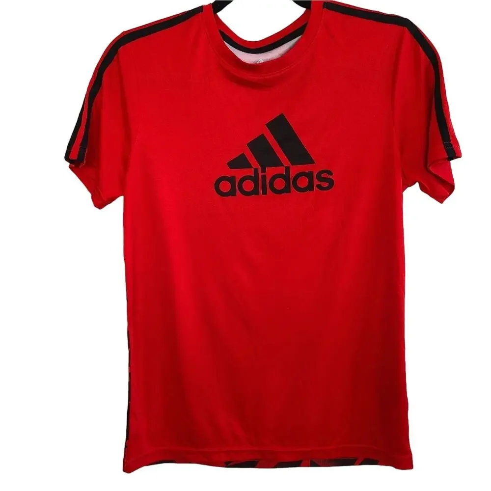 Red Adidas Black Striped Athletic Tee Youth Size Large